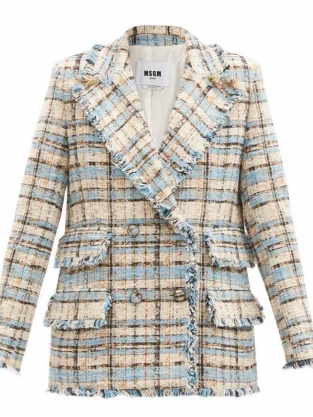 MSGM Blue and Cream Plaid Tweed Fringed Double-Breasted Blazer